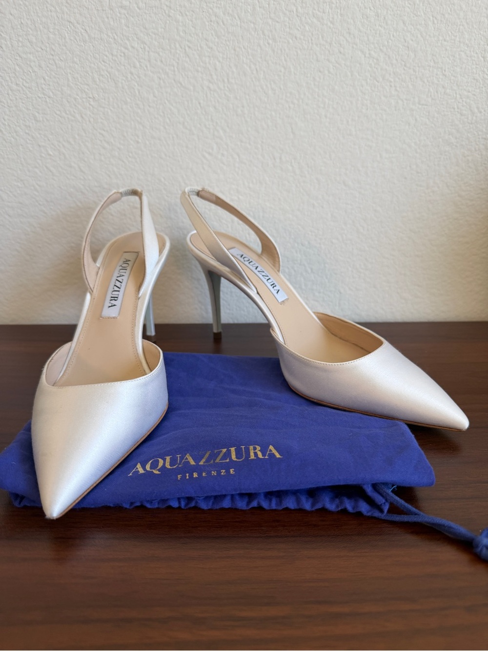 Aquazzura Satin Pointed Slingback Pumps in Ivory